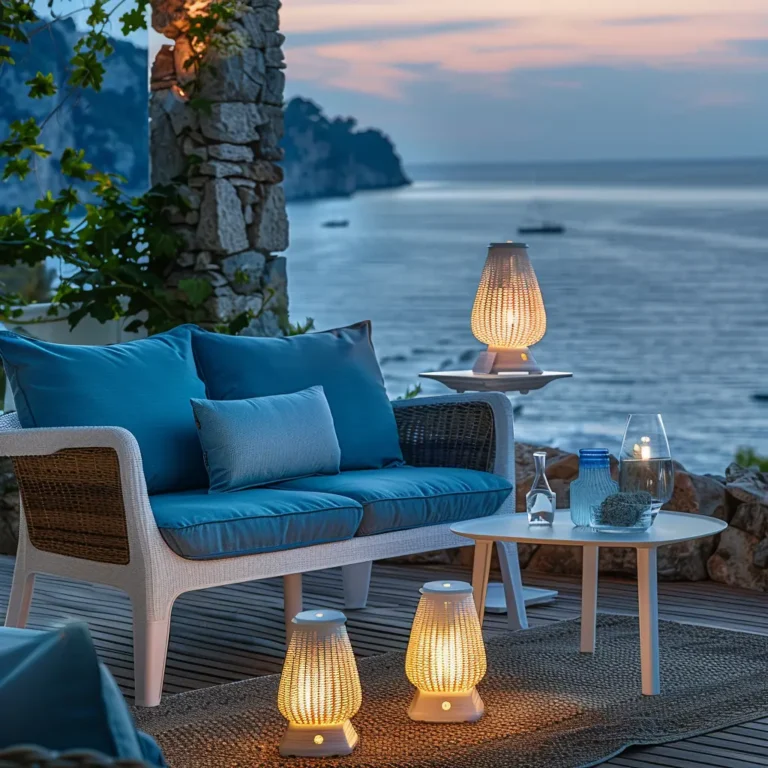 Terrazza con vista mare al tramonto, arredamento elegante, cuscini e illuminazione giardino Casalinghi Sicignano.