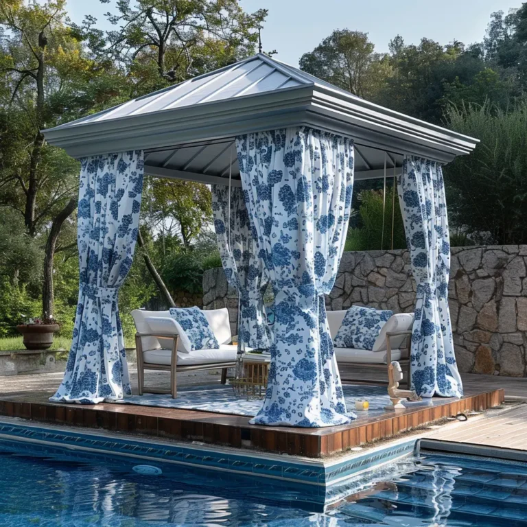 Gazebo elegante con tende blu e piscina