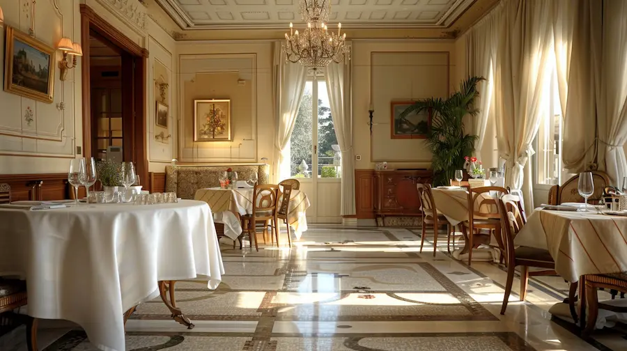 Elegante sala da pranzo con tavoli apparecchiati.